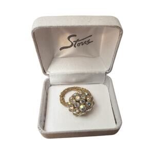 RARE 1960 Gold Tone Round Crystal Cluster Cocktail Ring fits all sizes